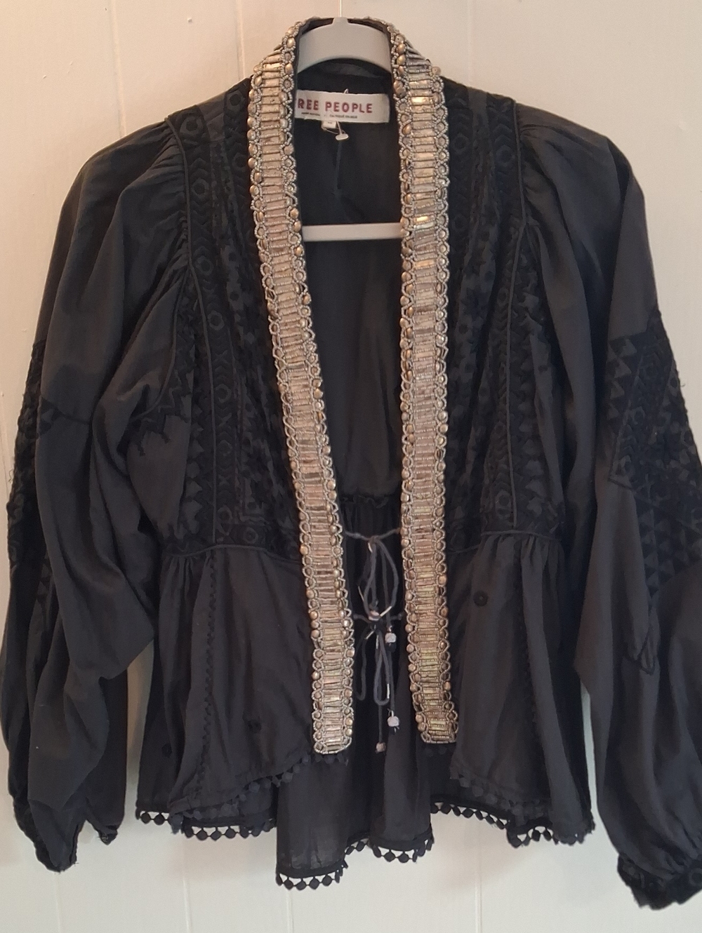 Free People Embroidered Boho Bed Jacket Cardi with Silver Trim & Peplum Hem